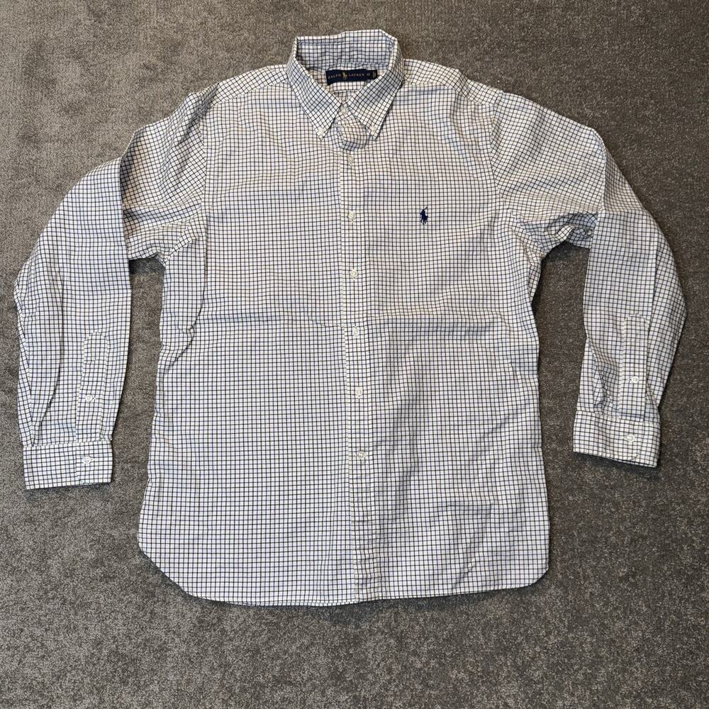 Ralph Lauren Button Down‎ SZ 17 Windowpane Check Blue White Shirt Blue Pony Logo